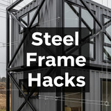 Vertical Pintereststyle image of container home with steel frame reinforcement Centered overlay text