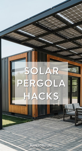 Vertical Pintereststyle image of container home with solar pergola Centered overlay text reads Solar.jpg