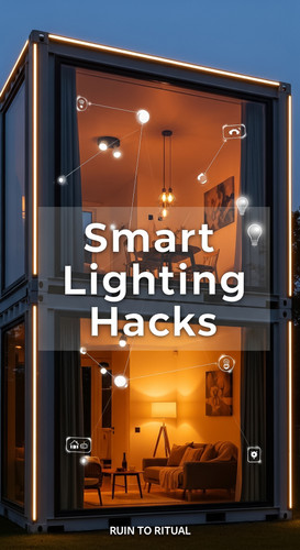 Vertical Pintereststyle image of container home with smart lighting Centered overlay text reads Smar.jpg