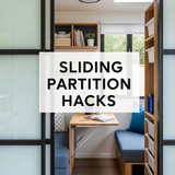 Vertical Pintereststyle image of container home with sliding partitions Centered overlay text reads 
