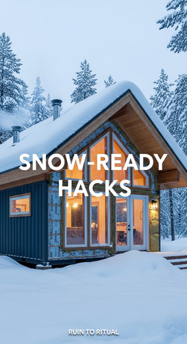 Vertical Pintereststyle image of container home with snowready roof Centered overlay text reads Snow.jpg