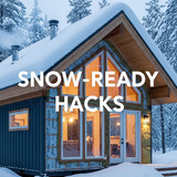 Vertical Pintereststyle image of container home with snowready roof Centered overlay text reads Snow