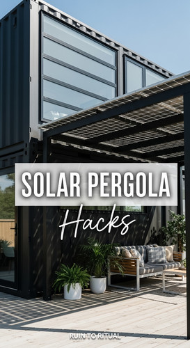Vertical Pintereststyle image of container home with solar pergola Centered overlay text reads Solar.jpg