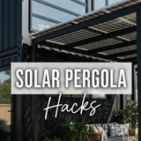 Vertical Pintereststyle image of container home with solar pergola Centered overlay text reads Solar