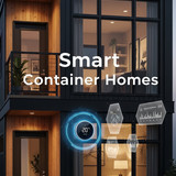 Vertical Pintereststyle image of container home with smart thermostat Centered overlay text reads Sm
