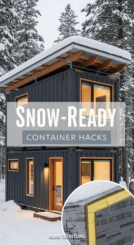 Vertical Pintereststyle image of container home with snowready roof Centered overlay text reads Snow.jpg