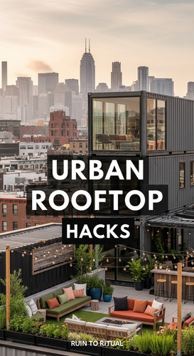 Vertical Pintereststyle image of container home with urban rooftop lounge Centered overlay text read.jpg