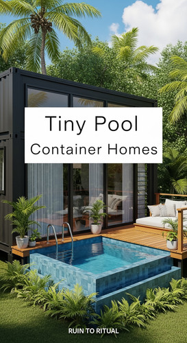 Vertical Pintereststyle image of container home with tiny plunge pool Centered overlay text reads Ti.jpg