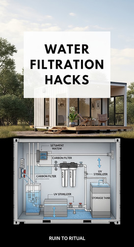 Vertical Pintereststyle image of container home with water filtration Centered overlay text reads Wa.jpg