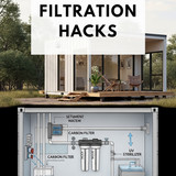 Vertical Pintereststyle image of container home with water filtration Centered overlay text reads Wa