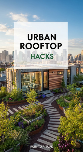 Vertical Pintereststyle image of container home with urban rooftop garden Centered overlay text read.jpg