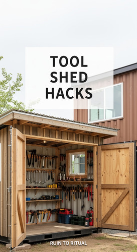 Vertical Pintereststyle image of container home with tool shed Centered overlay text reads Tool Shed.jpg