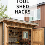 Vertical Pintereststyle image of container home with tool shed Centered overlay text reads Tool Shed