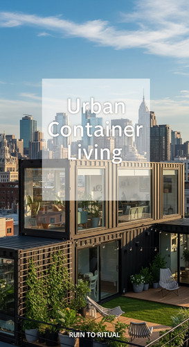 Vertical Pintereststyle image of container home with urban rooftop garden Centered overlay text read.jpg