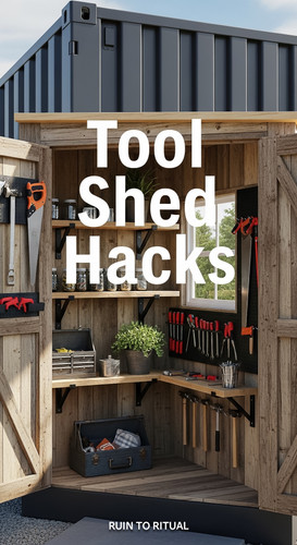 Vertical Pintereststyle image of container home with tool shed extension Centered overlay text reads.jpg