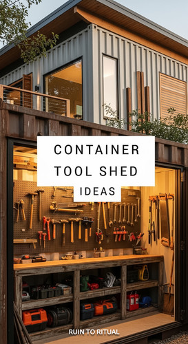 Vertical Pintereststyle image of container home with tool shed extension Centered overlay text reads.jpg