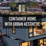 Vertical Pintereststyle image of container home with urban aesthetic and rooftop garden Centered ove