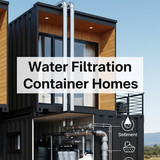 Vertical Pintereststyle image of container home with water filtration system Centered overlay text r