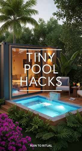 Vertical Pintereststyle image of container home with tiny pool Centered overlay text reads Tiny Pool.jpg