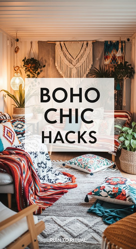 Vertical Pintereststyle image of container home with boho chic textiles Centered overlay text reads .jpg