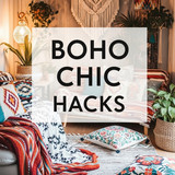Vertical Pintereststyle image of container home with boho chic textiles Centered overlay text reads 