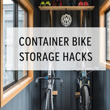 Vertical Pintereststyle image of container home with bike storage Centered overlay text reads Contai
