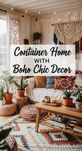 Vertical Pintereststyle image of container home with boho chic decor and textiles Centered overlay t.jpg