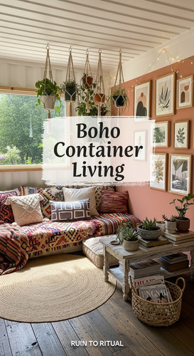 Vertical Pintereststyle image of container home with boho chic decor Centered overlay text reads Boh.jpg