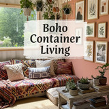 Vertical Pintereststyle image of container home with boho chic decor Centered overlay text reads Boh