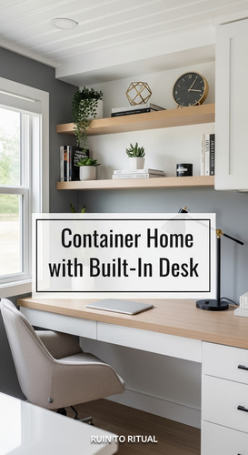 Vertical Pintereststyle image of container home with builtin desk and shelving Centered overlay text.jpg