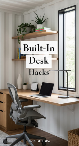 Vertical Pintereststyle image of container home with builtin desk Centered overlay text reads BuiltI.jpg