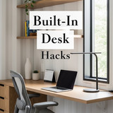 Vertical Pintereststyle image of container home with builtin desk Centered overlay text reads BuiltI