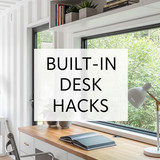 Vertical Pintereststyle image of container home with builtin desk workspace Centered overlay text re