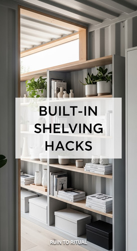 Vertical Pintereststyle image of container home with builtin shelving Centered overlay text reads Bu.jpg