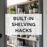 Vertical Pintereststyle image of container home with builtin shelving Centered overlay text reads Bu