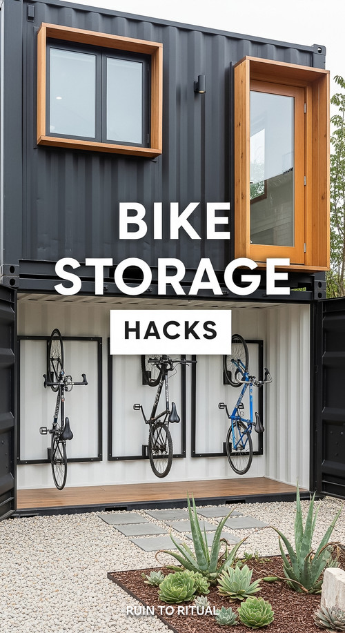 Vertical Pintereststyle image of container home with bike storage racks Centered overlay text reads .jpg