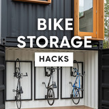 Vertical Pintereststyle image of container home with bike storage racks Centered overlay text reads 