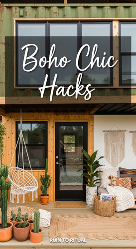 Vertical Pintereststyle image of container home with boho chic decor Centered overlay text reads Boh.jpg