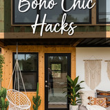 Vertical Pintereststyle image of container home with boho chic decor Centered overlay text reads Boh