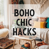 Vertical Pintereststyle image of container home with boho chic decor Centered overlay text reads Boh