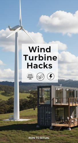 Vertical Pintereststyle image of container home with wind turbine nearby Centered overlay text reads.jpg