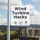 Vertical Pintereststyle image of container home with wind turbine nearby Centered overlay text reads