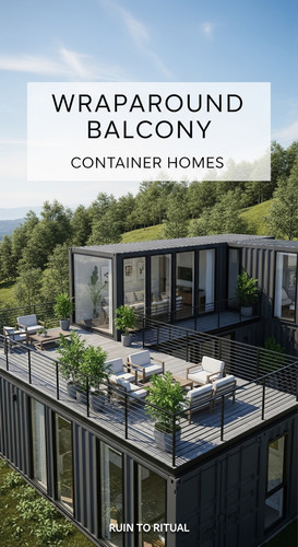 Vertical Pintereststyle image of container home with wraparound balcony Centered overlay text reads .jpg