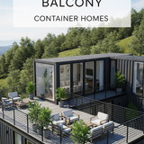 Vertical Pintereststyle image of container home with wraparound balcony Centered overlay text reads 