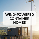 Vertical Pintereststyle image of container home with wind turbine nearby Centered overlay text reads