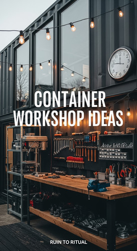 Vertical Pintereststyle image of container home with workshop space Centered overlay text reads Cont.jpg