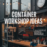 Vertical Pintereststyle image of container home with workshop space Centered overlay text reads Cont