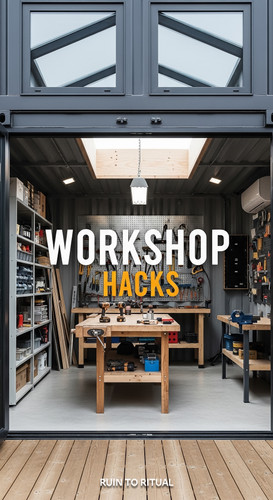 Vertical Pintereststyle image of container home with workshop space Centered overlay text reads Work.jpg