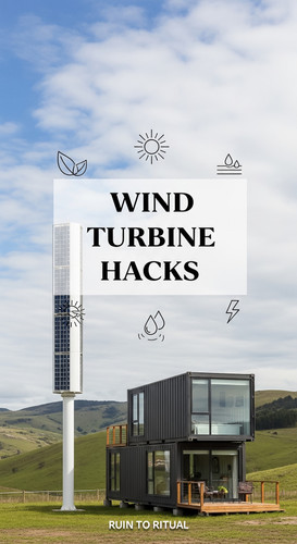 Vertical Pintereststyle image of container home with wind turbine Centered overlay text reads Wind T.jpg