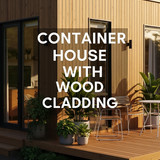 Vertical Pintereststyle image of container home with wood cladding and deck Centered overlay text re